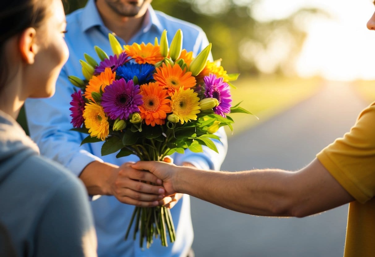 En person holder en buket farverige blomster rækker dem ud for at give dem til nogen med et varmt smil
